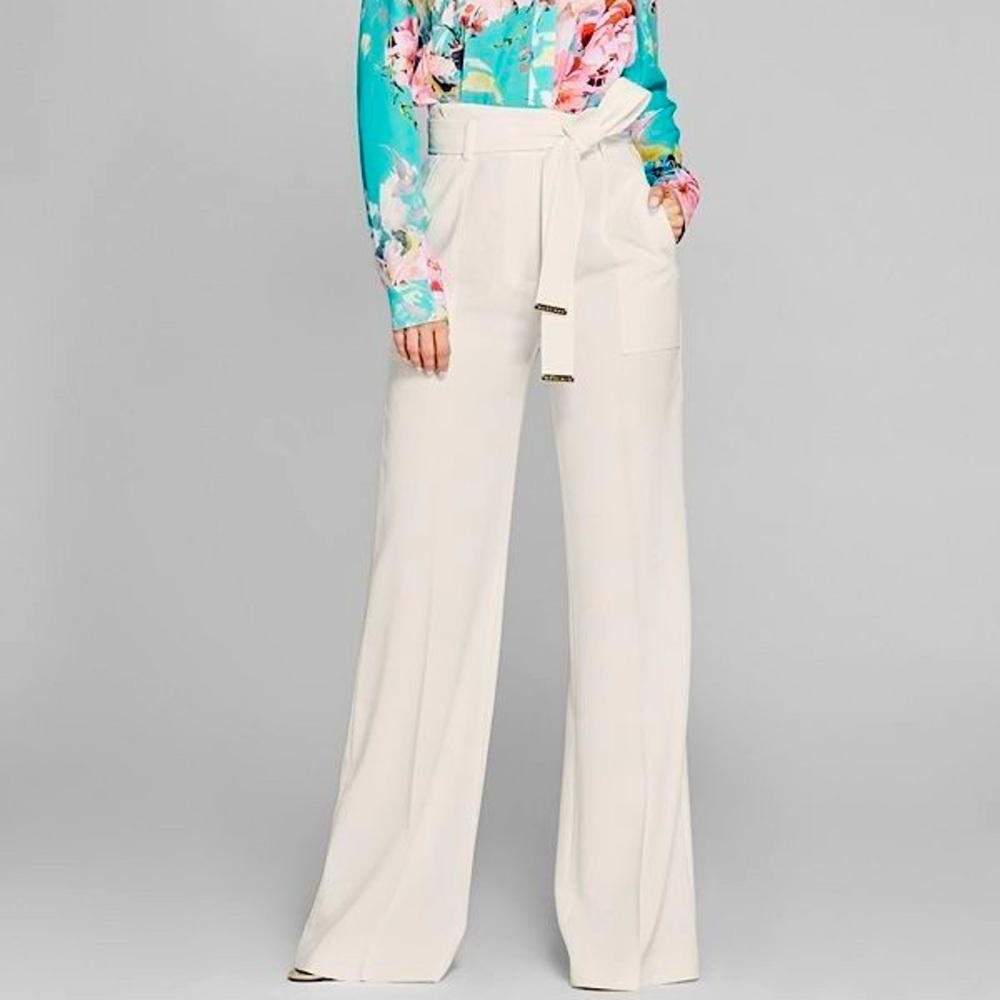 $250 NWT MARCIANO WHITE HIGH WAISTED WIDE LEG BELTED PANTS M / IT 42